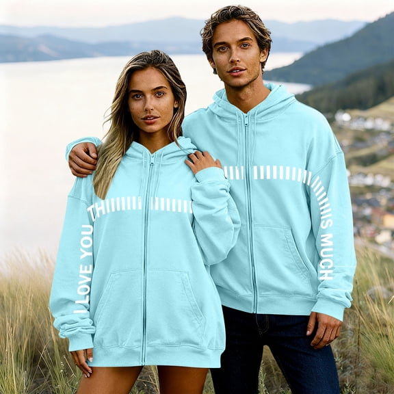 Avrnliq Womens Light Blue Oversized Graphic Hoodie I Love You This Much Valentine's Day Zip Up Fleece Gift for Her,Size 2XL