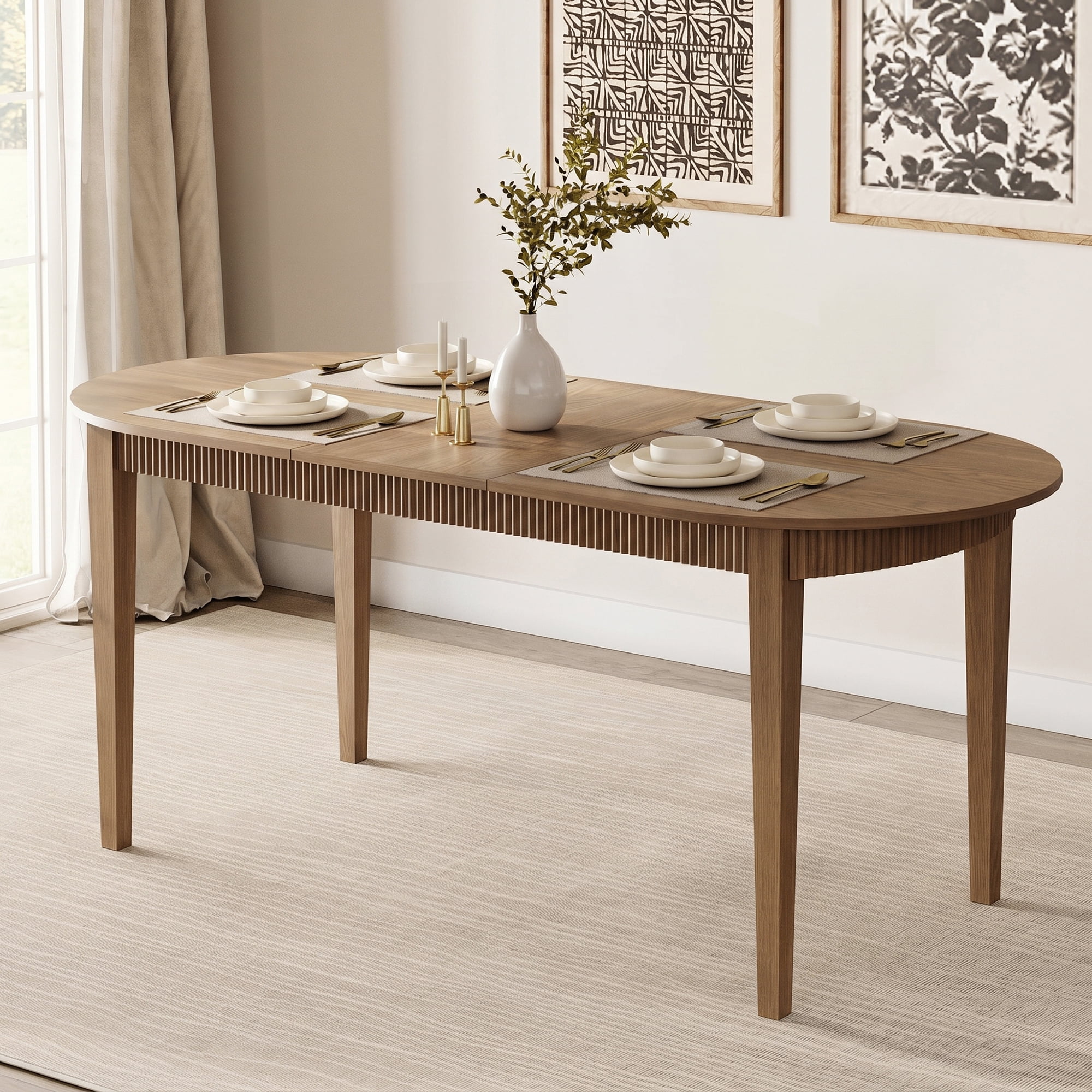 5 Piece Modern Dining Table Set, 73" Solid Wood Oval Dining Table with 4 Polyester Chairs, Dining Set with Fluted Apron for Kitchen & Dining Room