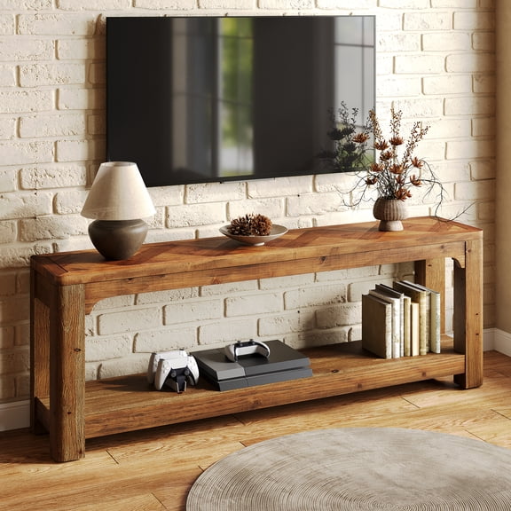 Finmind 63" TV Stands for TVs up to 55''/65''/70'', Farmhouse Low Media Console for Living Room, 2 Tiers Minimalist Entertainment Center, Rustic Brown