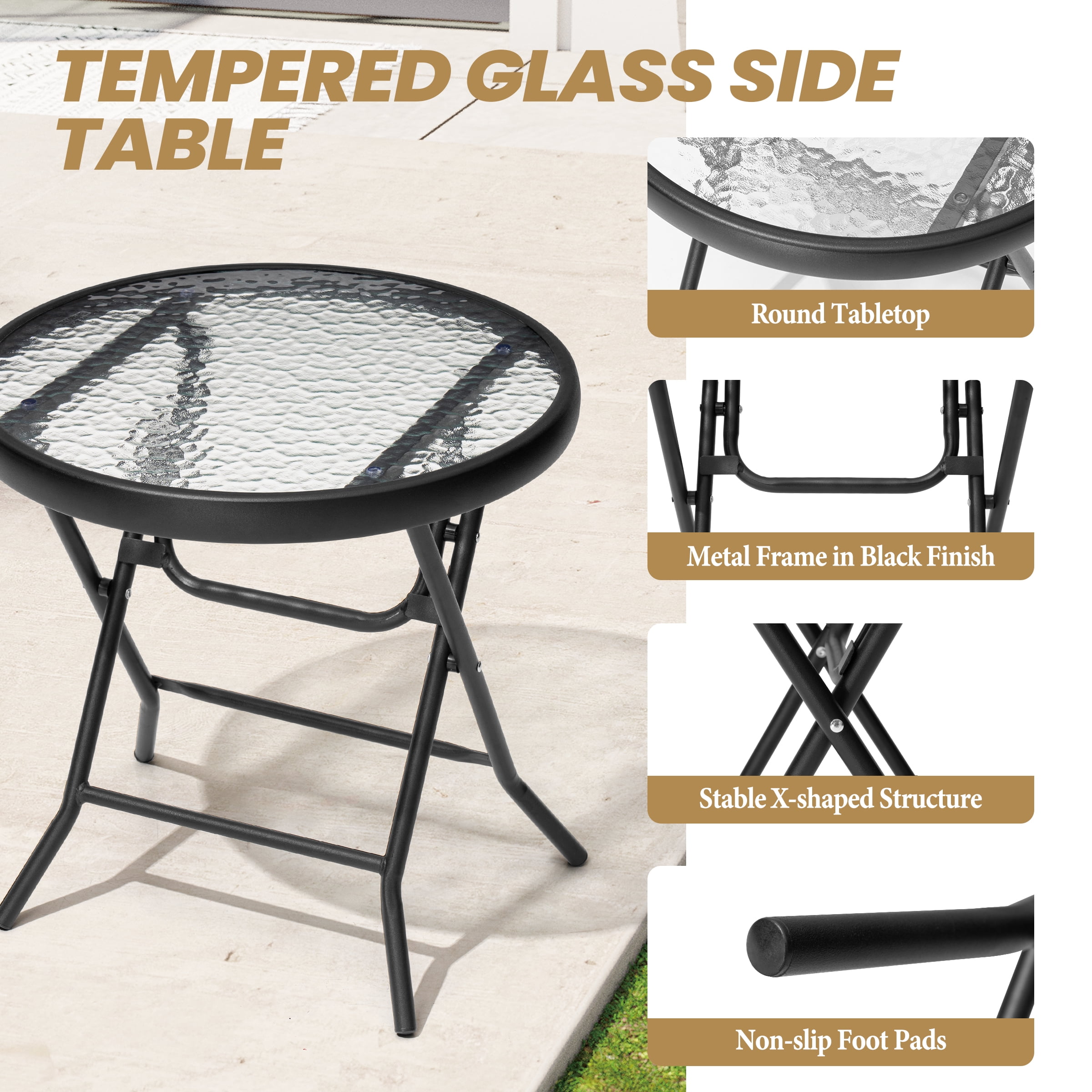 Crestlive Products Foldable Patio Side Table with Tempered Glass Top 18" Small Glass Patio End Tables (Black，2PCS)