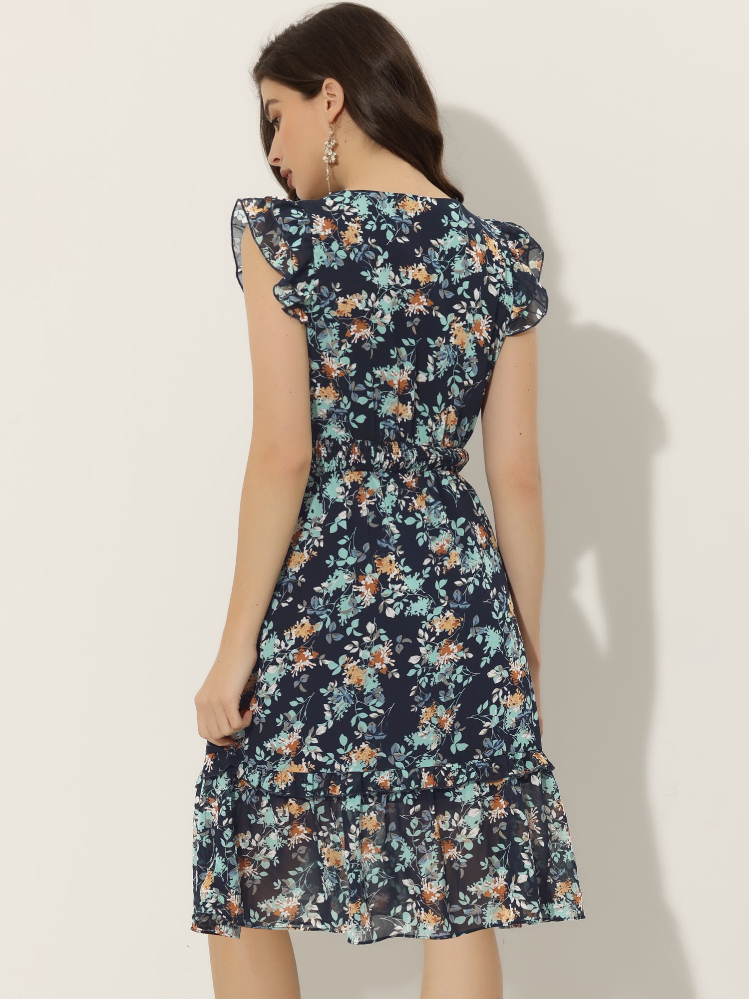 DARING DIVA Floral Flutter Sleeves V Neck Smocked Ruffle Dress L Dark Blue White