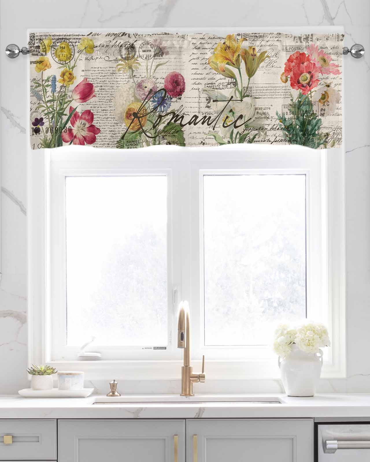 Beige Floral Linen Curtain Valance for Bedroom/Bathroom/Kitchen/Office/Living/Dining Room Window,Vintage Botanical Romantic Shabby Flowers Pocket Topper Drapes Decorative Cafe Drapery Panel 60"x18"