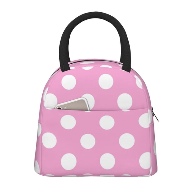 Fotbe Pink And White Polka Dot Bolsa de Almuerzo con Estampado, Lonchera Aislada, Contenedor de Comida Reutilizable Tipo Cooler a Prueba de Fugas