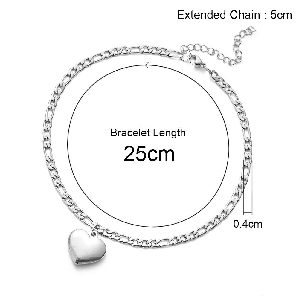 Figaro Chain Anklet 14K White Gold Heart Charm Leg Foot Chain Ankle Bracelet for Women Summer Beach Jewelry Gift