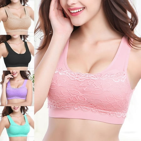 

YMH Wide Shoulder Strap Yoga Bra U-Shaped Back Wireless Sport Fitness Lace Push Up Stretchy Bra for Jogging