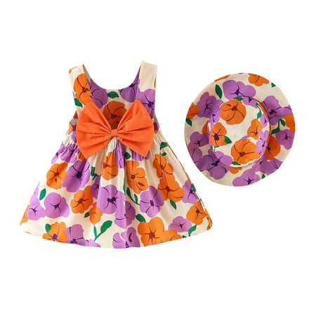

nsendm Girls Suspenders Bowknot Floral Princess Sleeveless Dress Printed 6M-3Y Hat Baby Set Girls 9 Month Fall Dress Dress Orange 6-12 Months