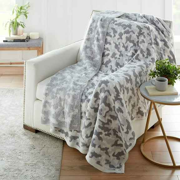 Crafted by Catherine Camouflage Print Cozy Knit Throw Blanket 60" x 70" Inches, Soft Comfy Decorative Throw for Couch Bed Sofa Travel, Camo Blush and Light Grey