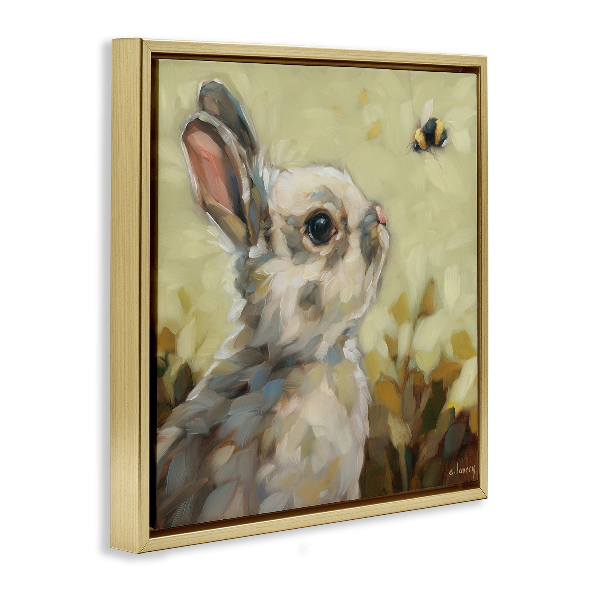 Stupell Industries Bunny Eyeing Bumble Bee Animals Painting Gold Floater Framed Canvas Art Print Wall Art, 18 x 18