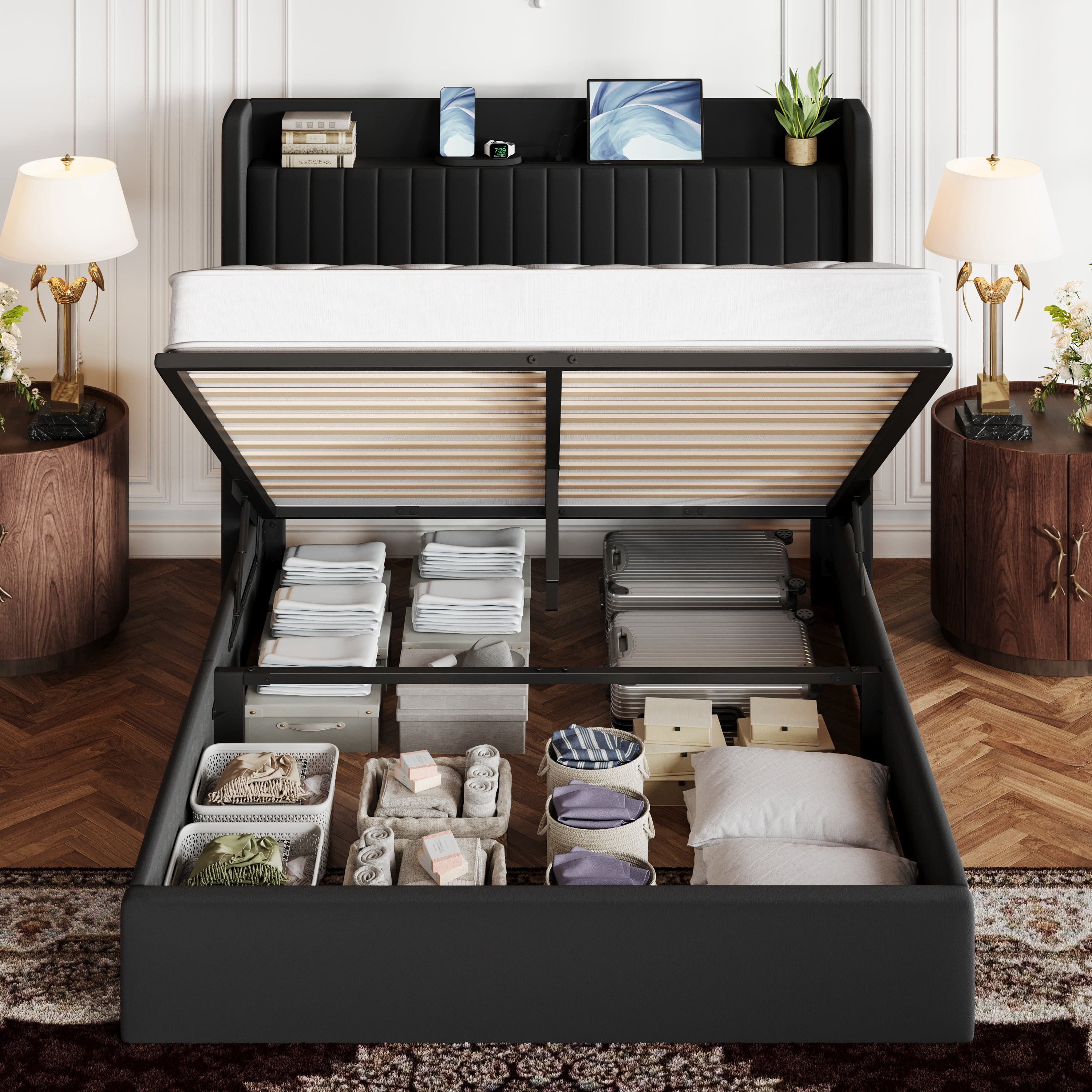 Amolife Queen Size Lift Up Storage Platform Bed Frame with Velvet Built-in Charging Station Wingback Headboard, Black