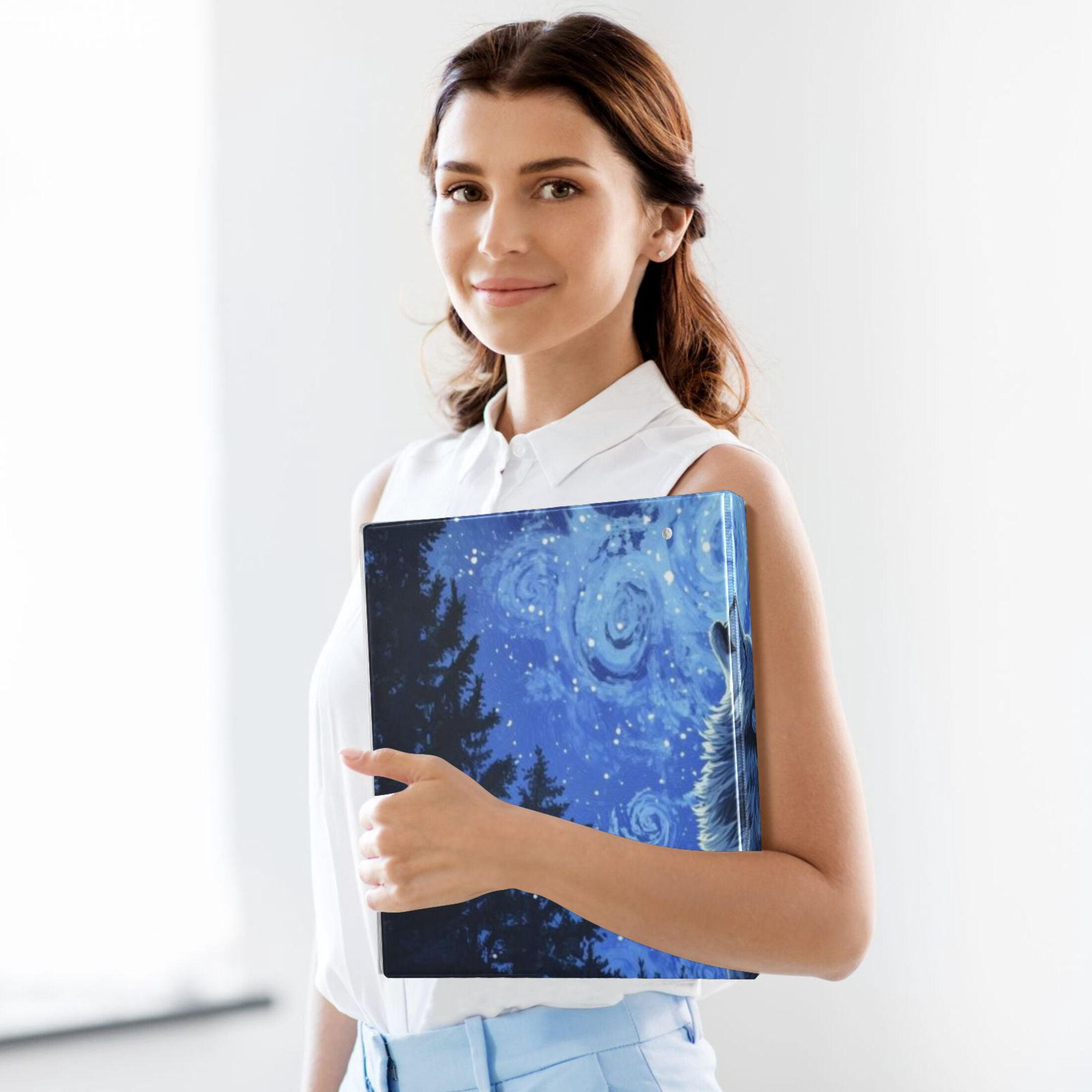 Starry Night Wolf 3 Ring Binders 1.5 inch Hardcover File Folders with Interior Pockets A4 Size Organizer for School Office Hospital