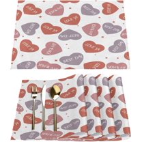 Valentine''s Day Romantic Love Text Placemats Set of 6 Fabric Placemats Square Placemat for Kitchen Table Heat Resistant, Easy to Clean Table Placemats 12x18 Inch