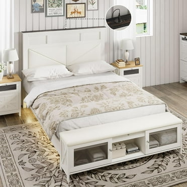Bed Frame with Upholstered Storage Bench&Tall Headboard White Wood Platform Bed Frame with Power Outlet&LED Light