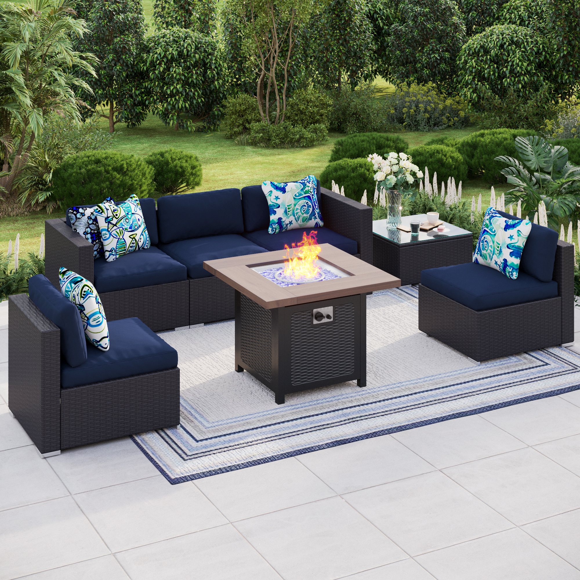 MF Studio 7-Piece 34' Gas Fire Pit Table Set, 50000 BTU Gas Fire Pit Table with Outdoor Rattan Sectional Sofa Sets Suitable for Garden, Patio, Yard