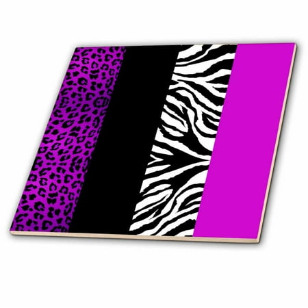 Leopard Tile - 3dRose Purple Black and White Animal Print - Leopard and Zebra - Ceramic Tile, 4-inch