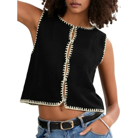 Womens Sweater Vest Sleeveless Button Down Tank Tops Spring Summer Cropped Cardigan 2025 Knit Top Black L