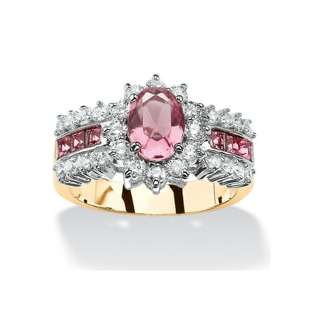 Pink Cz Silver Oval Ring .82 TCW Oval Pink Crystal and CZ Two-Tone Halo Cocktail Ring MADE WITH SWAROVSKI ELEMENTS 14k Gold-Plated ()