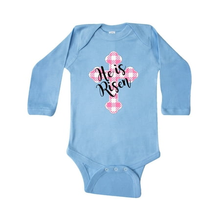 

Inktastic He is Risen Pink Plaid Cross Gift Baby Boy or Baby Girl Long Sleeve Bodysuit