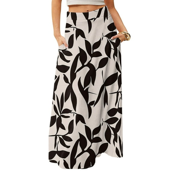 WTOBBY Women's Floral Print Flowy Maxi Skirt Bohemian Style Casual Summer Beach Long Skirt Elastic Waist Lightweight Tiered Pleated Skirt with Drawstring,Beige L