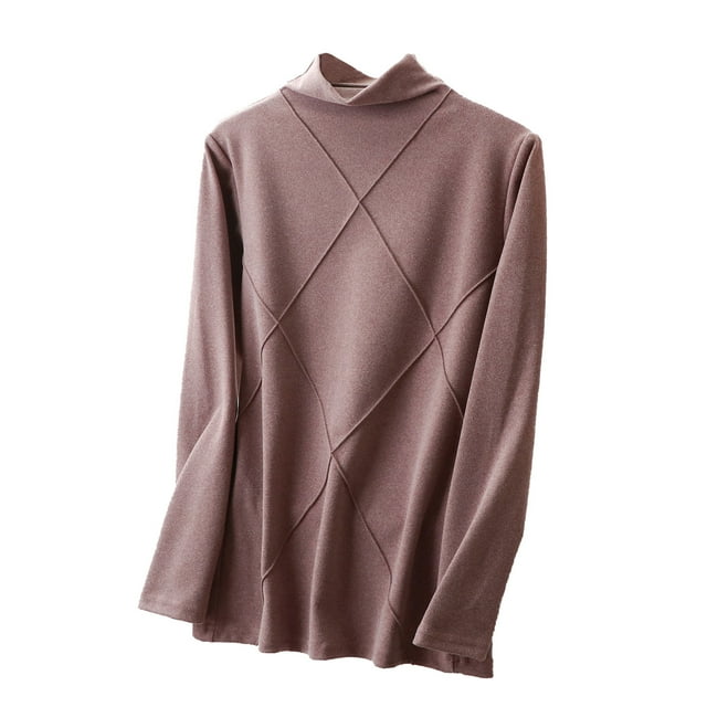 MIASHUI Women Autumn Winter MultiColor Diamond Pattern Knit Long Sleeve High Neck Thermal Underwear Warm Top Base Layer B,M
