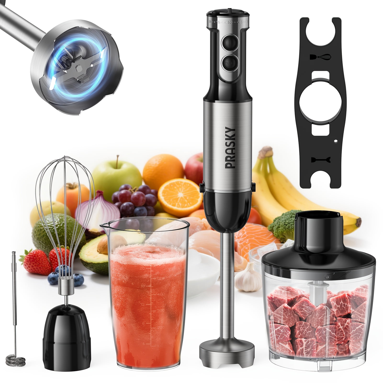 5-in-1 Handheld Immersion Blender, Heavy Duty Motor with Multi-Attachments, Ergonomic Handle, Includes Whisk & Chopper, 120V US Plug, Versatile Kitchen Blending & Whipping Tool
