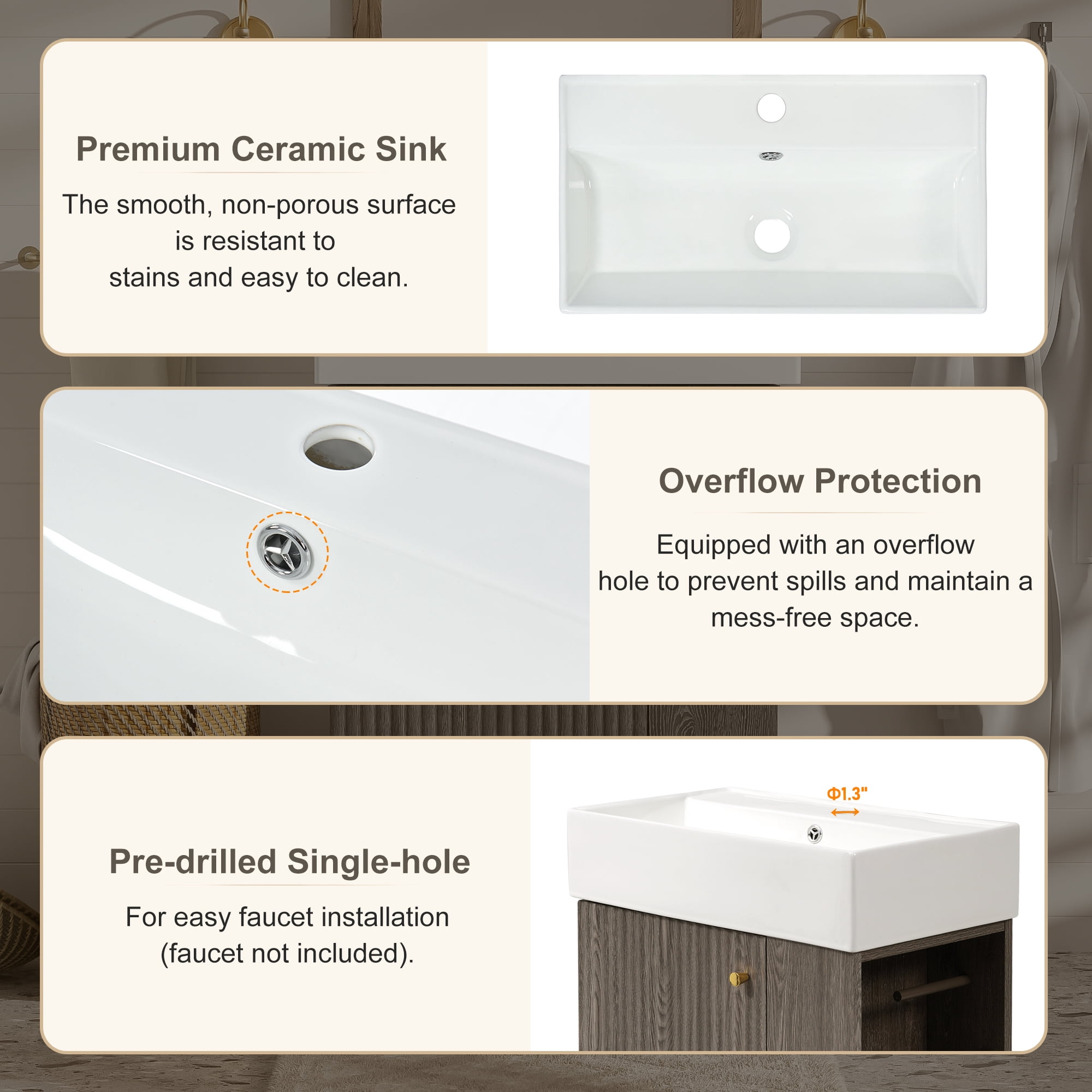 Modern 21.6" Small Bathroom Vanity with Ceramic Sink, Light Wood Grain and Side Storage