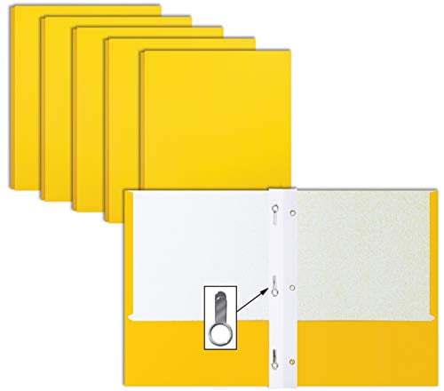 Yellow Paper 2 Pocket Folders with Prongs, 50 Pack, by Better Office Products, Matte Texture, Letter Size Paper Folders, 50 Pack, with 3 Metal Prong Fastener Clips, Yellow