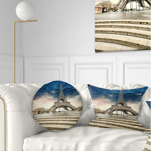Designart Paris Eiffel Towerwith Stairs - Landscape Photo Throw Pillow - 12x20