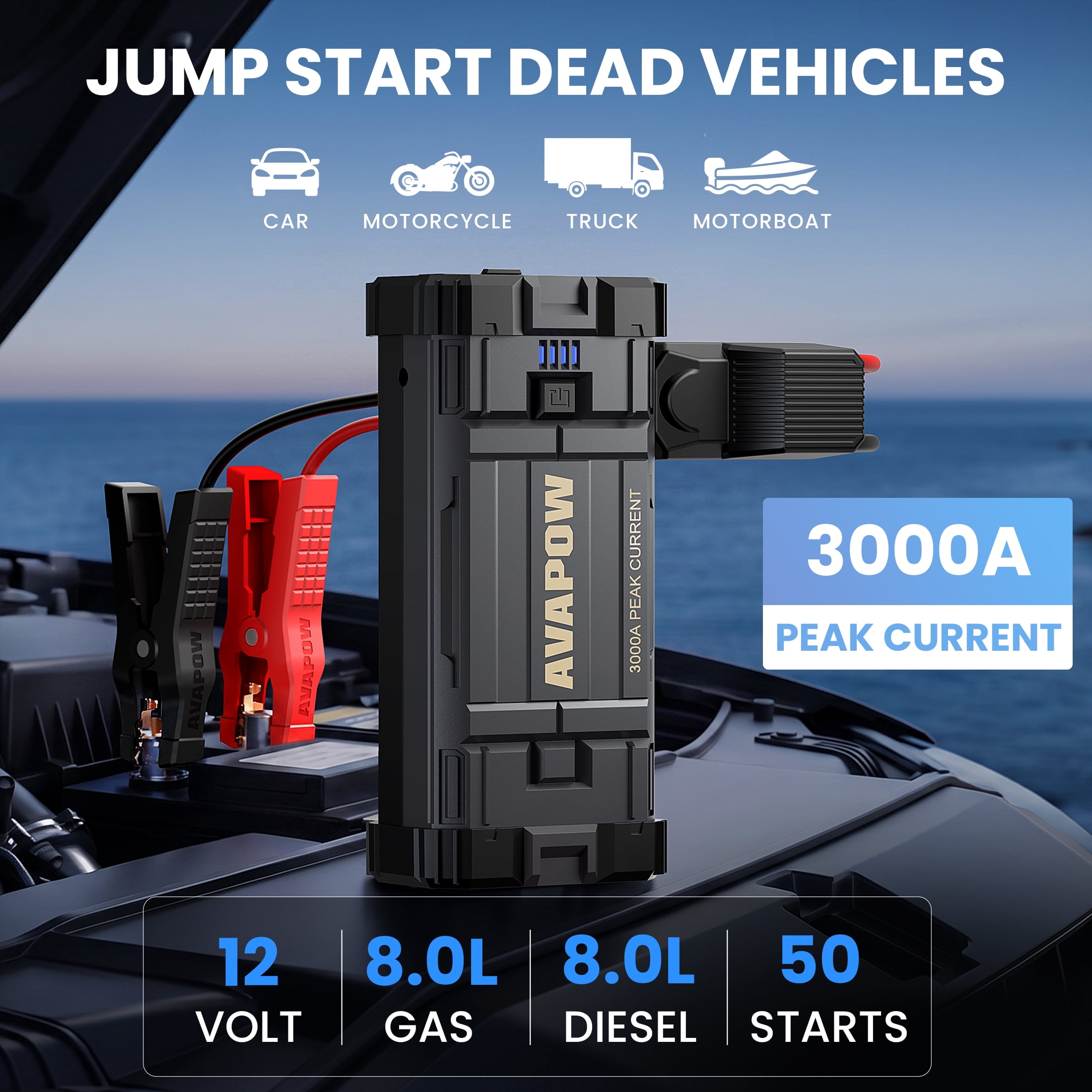AVAPOW Car Jump Starter, 3000A Peak 23800mAh Battery Jump Booster, 12V Portable Jump Box for Up to 8L Gas 8L Diesel Engine, Battery Starter with Jumper Cables, LCD Display, Lights