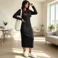 thumbnail image 5 of Fall/Winter Dresses for Women Long Sleeve Hooded Ribbed Knit Dress - Slim Fit Midi Dress with Drawstring Hood Winter Base Layer Outfits, 5 of 8