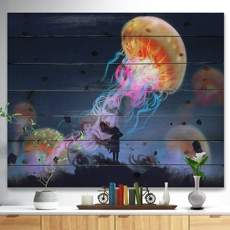 Giant Wall Paintings DESIGN ART Designart 'Floating Giant Jelly Fish' Animals Painting Print on Natural Pine Wood - Blue ()