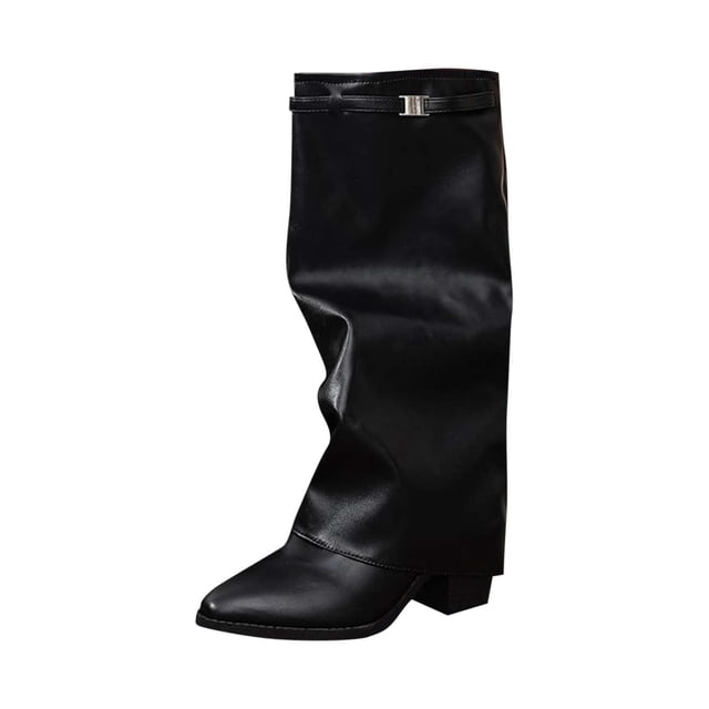 Womens Fall Clothes Womens Winter Boots Pleated Metal Thick Heel Long Winter Boots