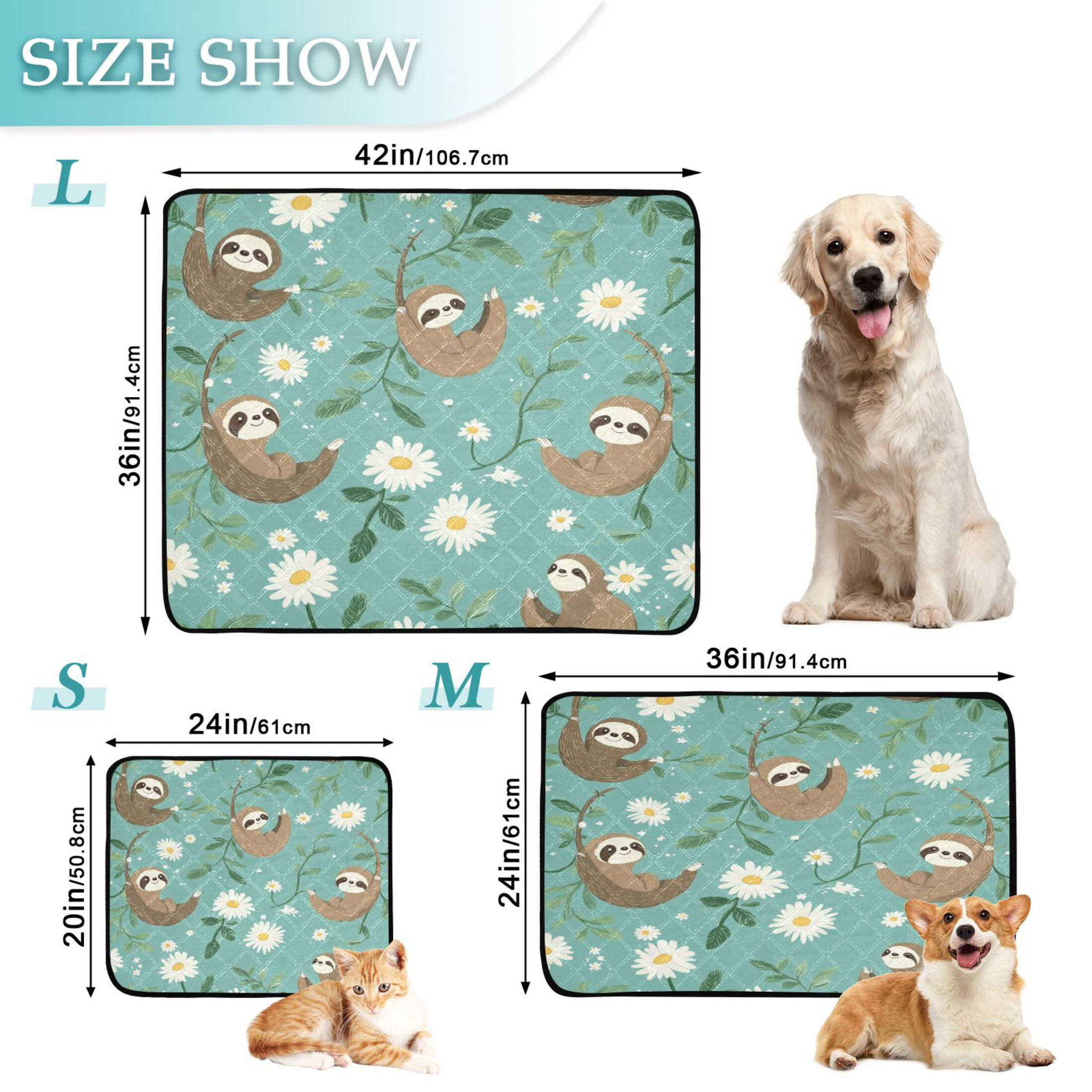 Qxltty Pattern with Daisies and Sloths Hanging on Vines Cat litter Pads Pet Set of 3 Diaper Mats Center Anti-leakage Layer Absorbent Soft and Comfortable