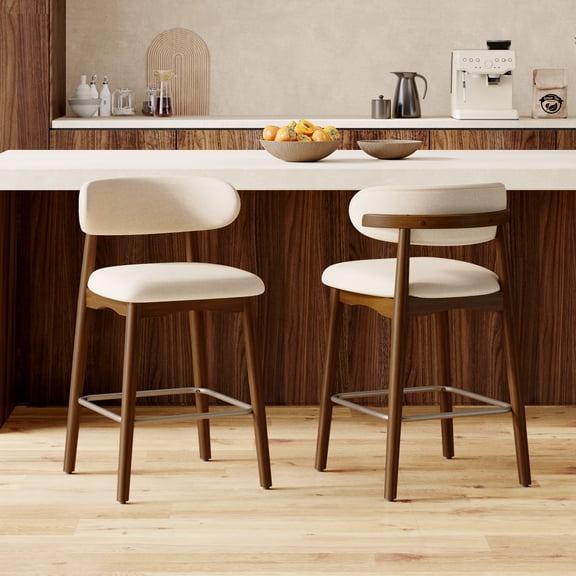 Daluvenix 26″ Counter Height Bar Stools Set of 2, Modern Linen Upholstered Bar Stools, Solid Wood Legs, Curved Back Upholstered Bar‑Chairs for Kitchen Island Dining Room Bar, Micro Yellow