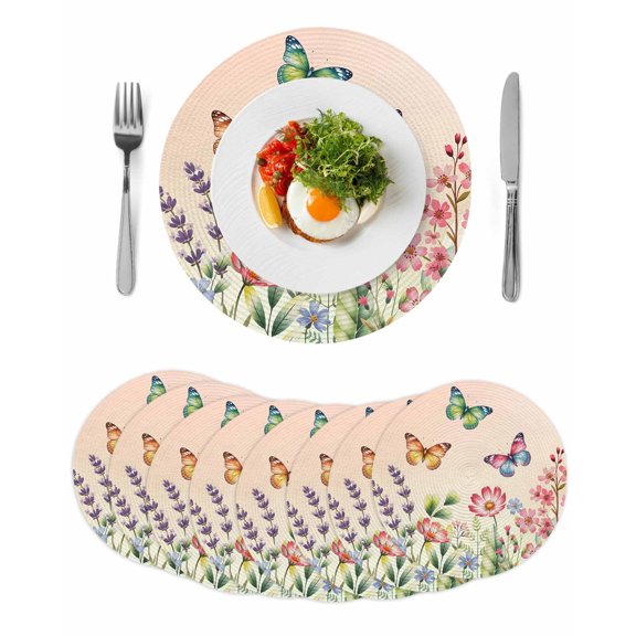 Pink Flowers Round 15 Inch Placemats Set of 8, Spring Floral Butterfly Elegant Pastoral Botanical HeatResistant Non Slip Place Mats for Dining Table, Wipeable Kitchen Table Mats for Housewarming