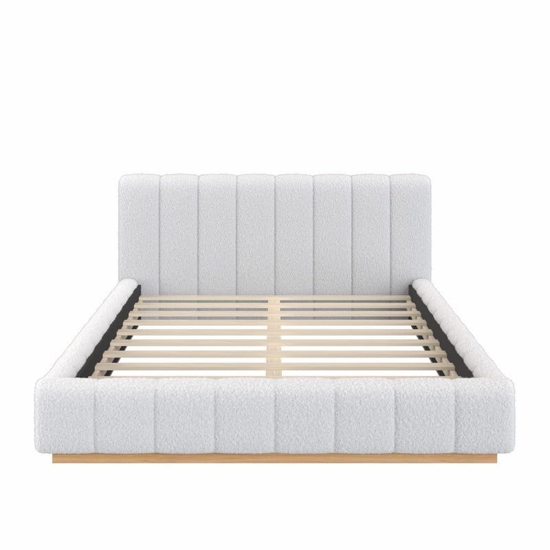 Queen Size Boucle Upholstered Bed Frame, Low Profile Wooden Platform Bed, No Box Spring Needed Floor Bed with Padded Headboard