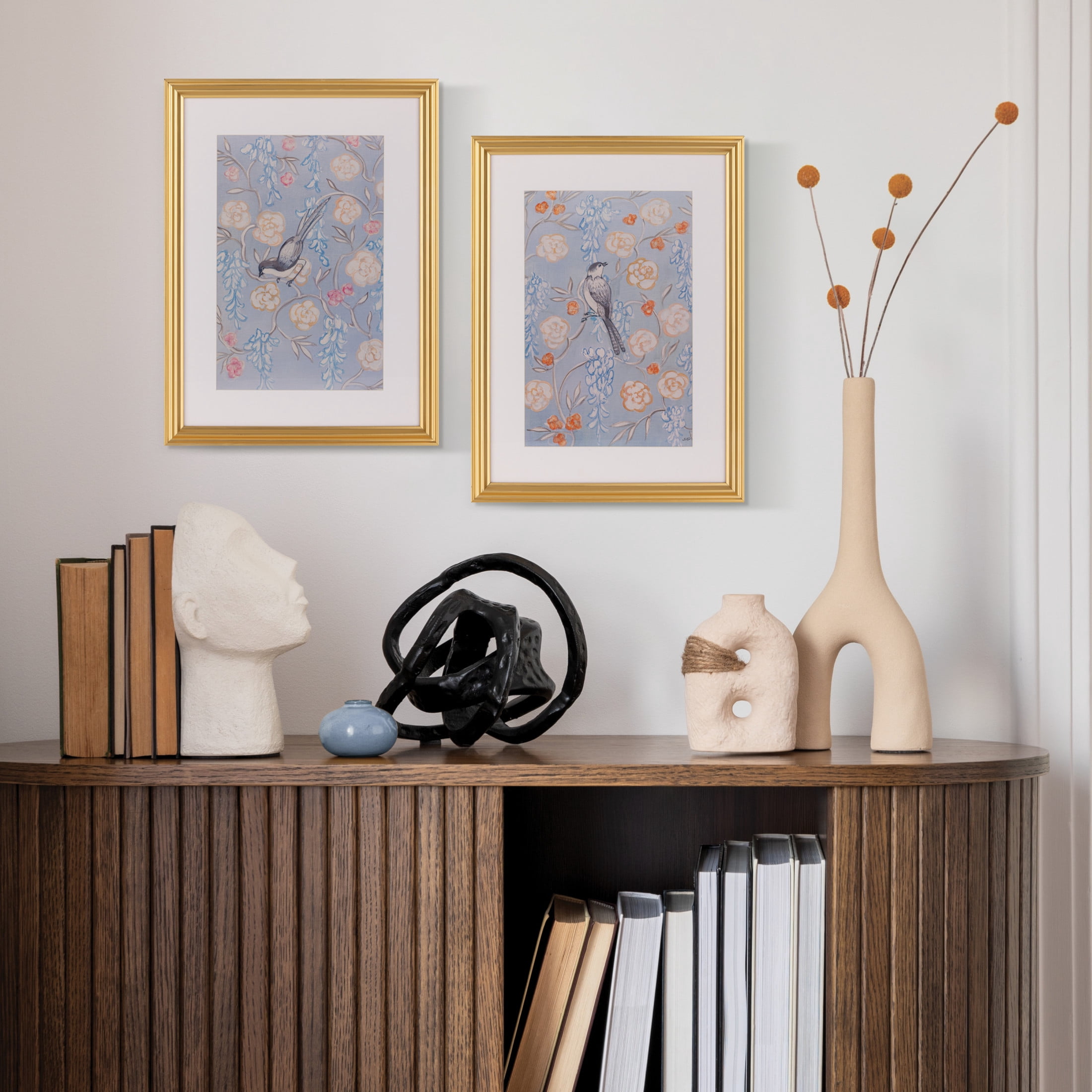 Gallery Solutions Set of 2 Framed Blue Bird Art Prints- 12x16 Floral Prints with Gold Foil Frame and Glass Matting for Elegant Wall Decor