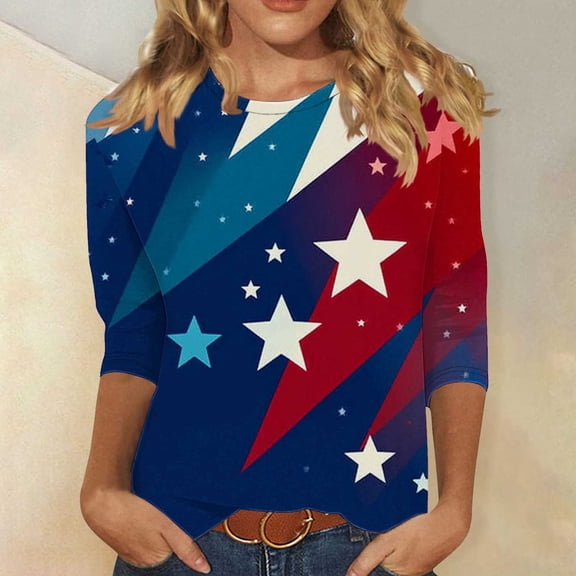 JOANKDMI 4th of July Shirts for Women 3/4 Sleeve American Flag Crewneck Loose Fit Tops Memorial Day Patriotic Festival Holiday Anniversary Wear
