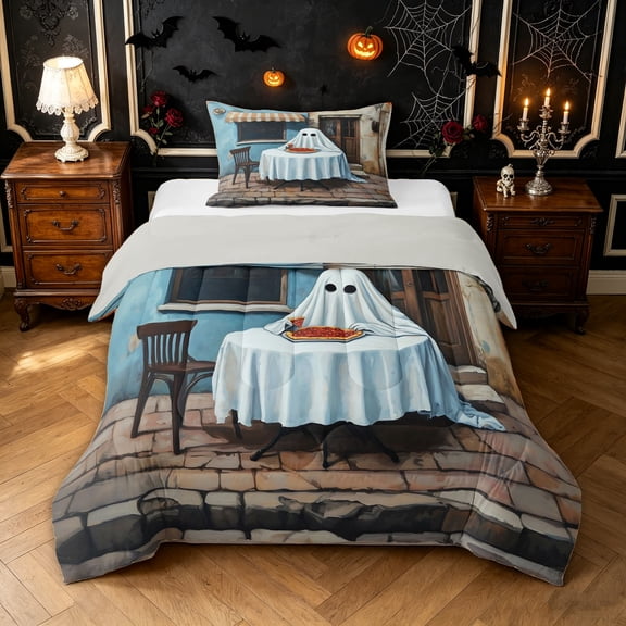 Feelyou Spooky Street Ghost Twin Comforter Sets, Cartoon Outdoor Pizza Bedding Set, Blue Beige, Gray Reversible, 2-Piece, 1 Comforter and 2 Pillowcases