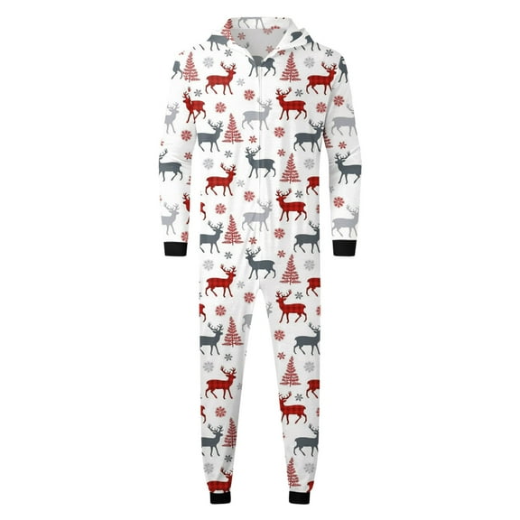 BJUTIR Men Dad Christmas Sets White Prints Hooded Zipper Jumpsuit Family Outfit Festive Pajama Sets