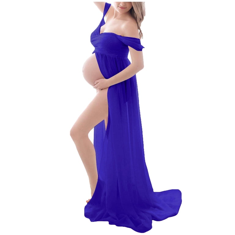Yteetum Maternity Dress for Photoshoot Women Off Shoulder Pregnants Sexy  Photography Ruffled Short Sleeve Long Dress Pregnant Woman Front Split  Floor Length Dresses Nursing Long Dress