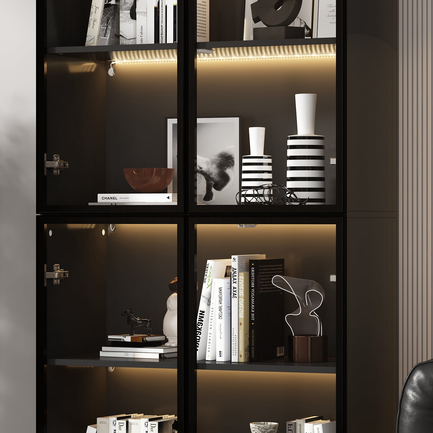 KULAGAGA Bookcases Organizer with LED Lights, Heavy Duty Display Cabinet with Glass Door for Living Room, 31.5" Wide