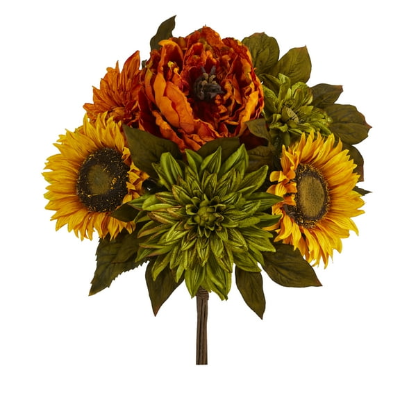 Nearly Natural Orange 16" Peony, Dahlia and Sunflower Artificial Flower Bouquet (Set of 2)