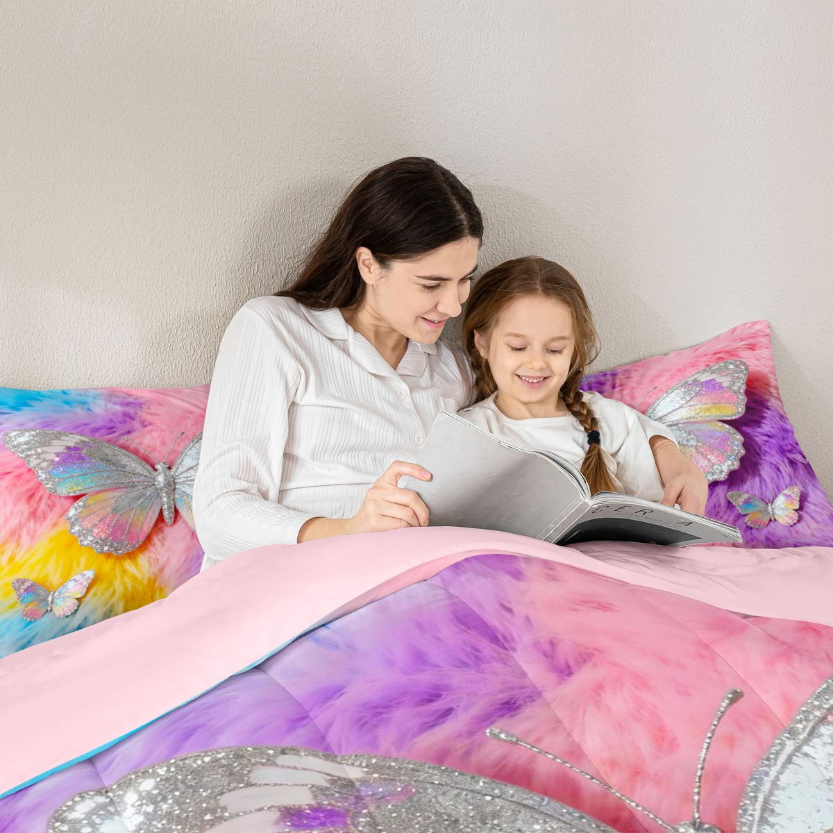 Homewish Colorful Butterfly 7pcs Bedding Comforter Set,Multicolor Glitter Print Queen Bedding Sets,Pink Purple Blue Queen Sheet Sets For Girls,Microfiber Bedroom Decor Reversible
