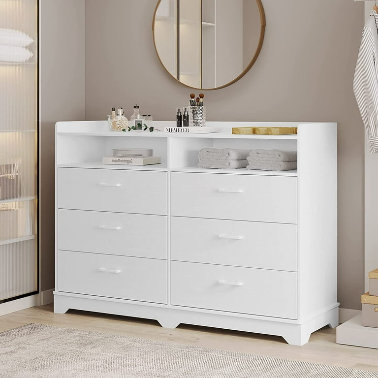 6 Drawers Dresser Storage Tower Dressers with Open Cubby for Bedroom White