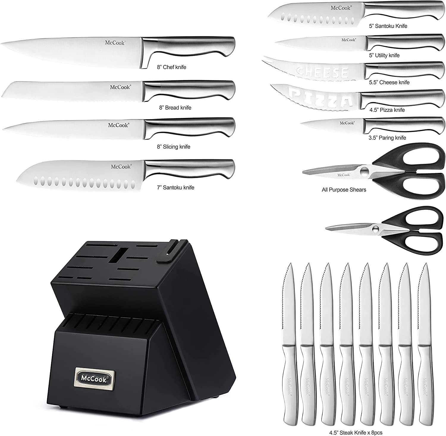 McCook® Premium Black Knife Sets,German Stainless Steel Kitchen Knives  Block Set with Built-in Sharpener