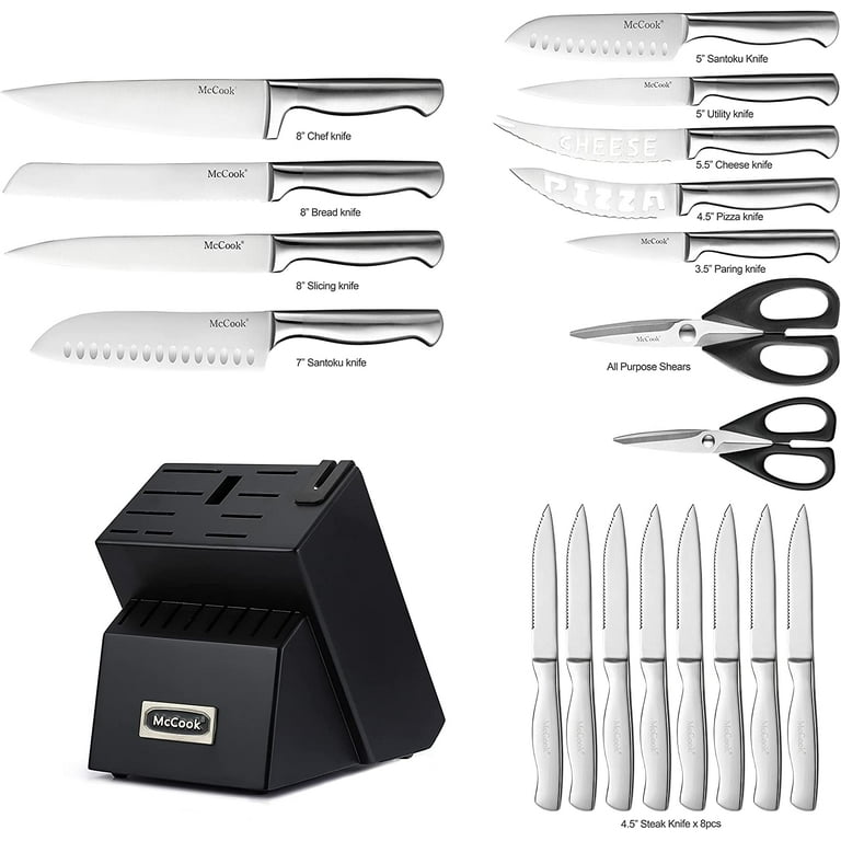 McCook MC69C Knife Block Set,20 Pieces German Stainless Steel Professional  Kitchen Knife Set with Built-in Sharpener,Black Knife Set With Block 