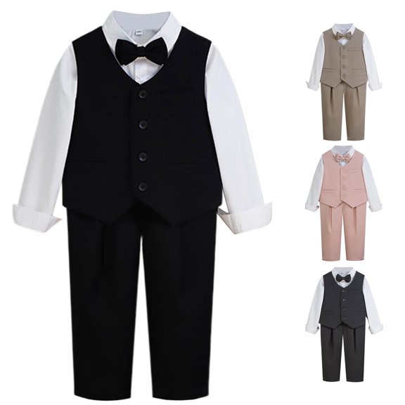WEIGFI Child Toddler Boys Foamal Suit Dressy Outfit Sets Long Sleeve Shirt Top And Pants Vest Bowknot 4 Piece Set Gentleman Piano Performance Wedding Cute Vacation Clothes,Black,3-4 Years