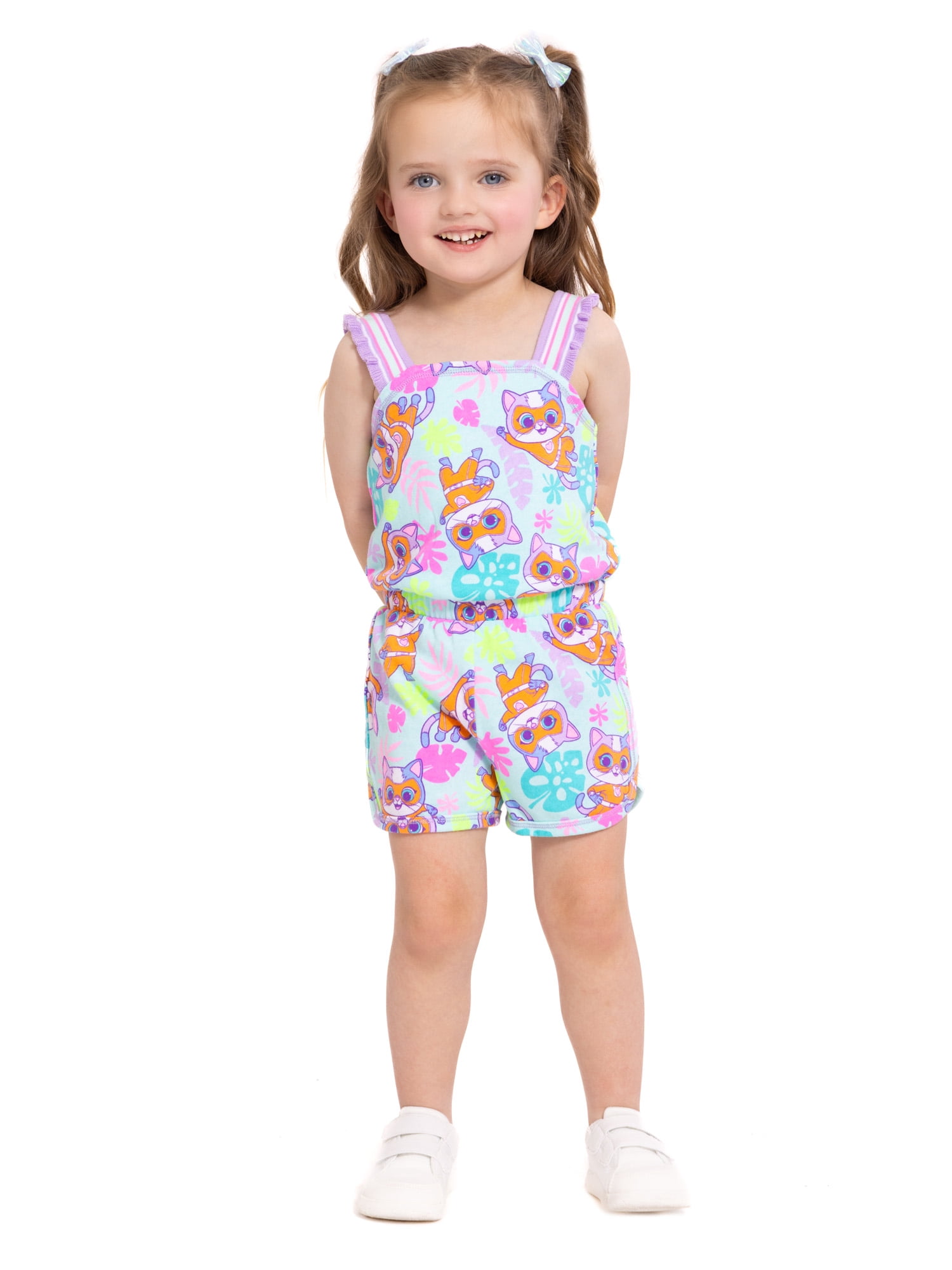 SuperKitties Toddler Girls Sleeveless Graphic Romper, Sizes 12M-5T