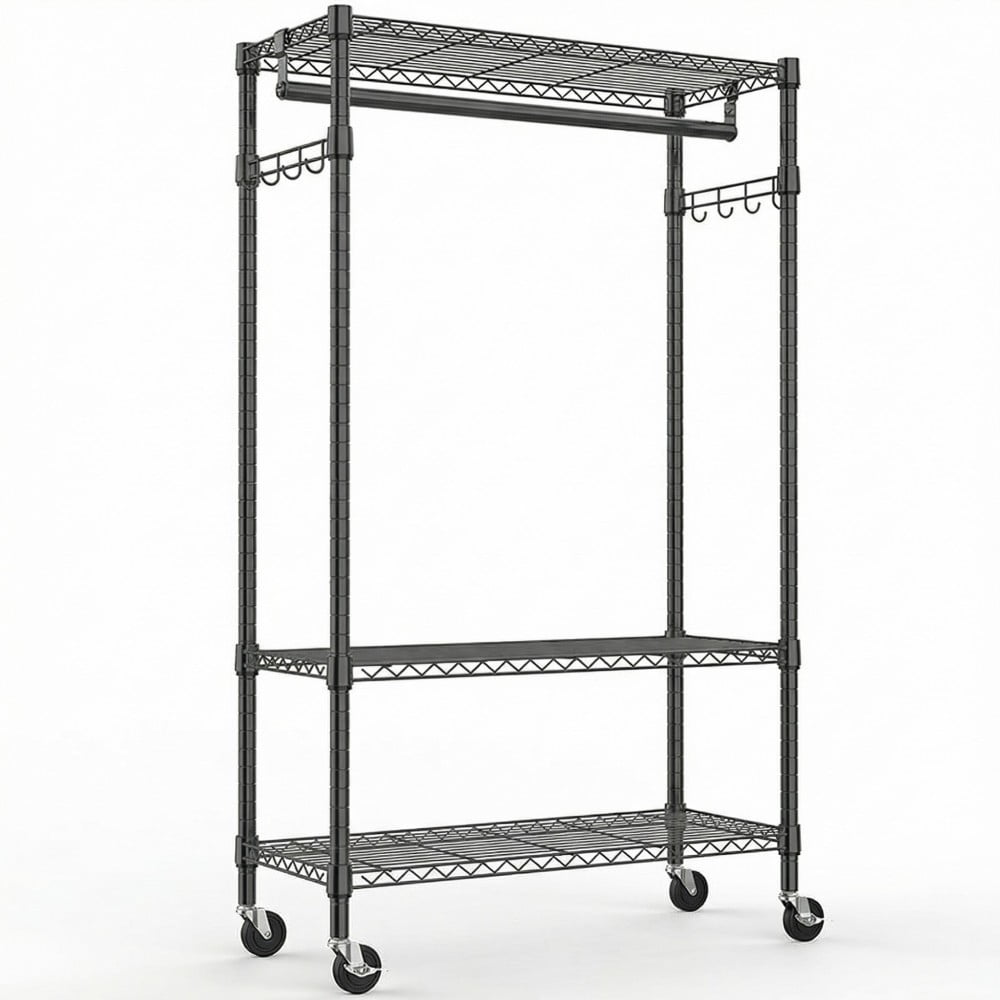 Heavy Duty Rolling Garment Rack, 3-Tier Adjustable Wire Shelving Clothes Rack with Hanging Rod, Side Hooks & Lockable Wheels, Black