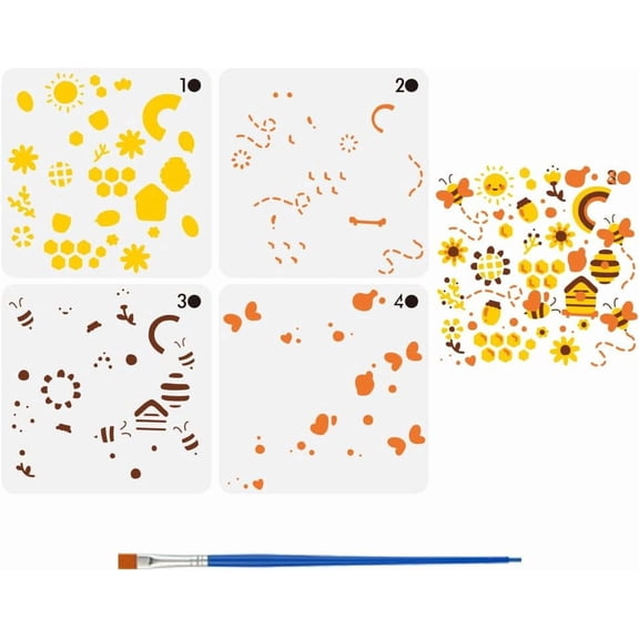 4 Pcs 4 Style Bees and Beehive Painting Template with Brush 5.9x5.9inch Bee Theme Stencil Sweet Sealed Honeycomb Template Reusable DIY Art Layered Stacking Craft Stencil